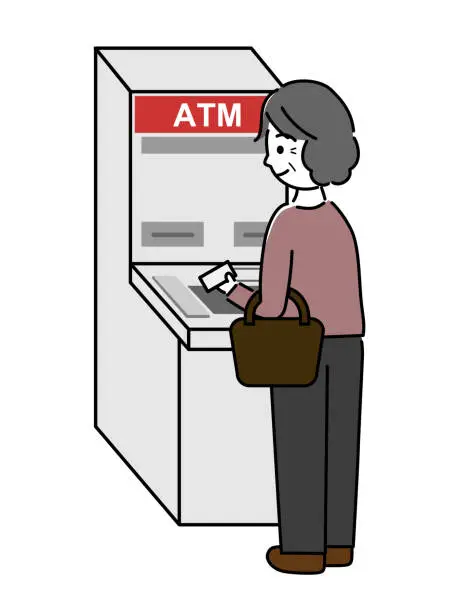 Vector illustration of An elderly woman holding a card and operating an ATM