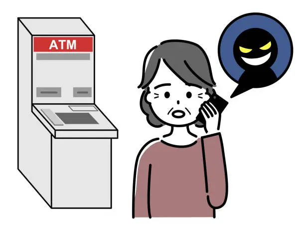 Vector illustration of An elderly woman (upper body) instructed by a fraudster over the phone in front of a bank ATM