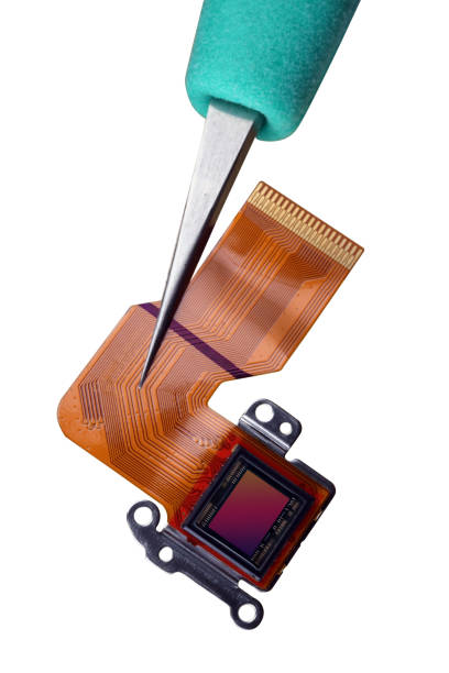 Modern light-sensitive chip for use in  video photo cameras and drones. Isolated macro