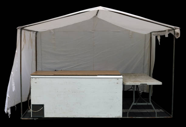 istock White canvas tent with  refrigerator on the street isolated 2080062681