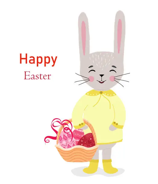 Vector illustration of A cute Easter bunny holds a basket filled with Easter eggs.