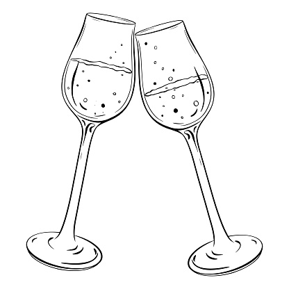 A monochromatic drawing featuring two champagne glasses clinking together. This elegant piece showcases classic tableware, drinkware, and stemware artistry