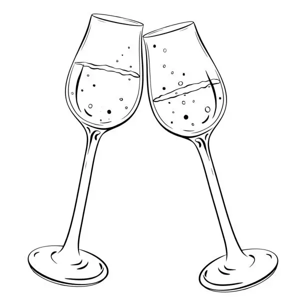 Vector illustration of A monochrome drawing of two Champagne stemware glasses toasting each other