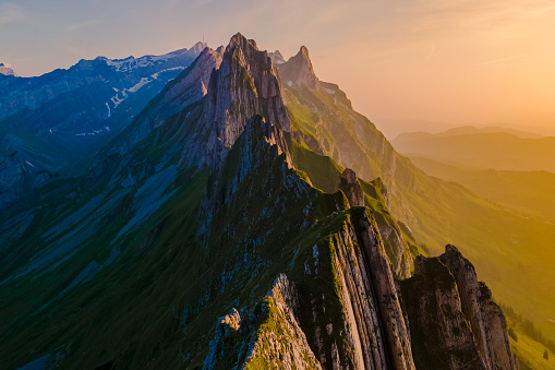 Schaeffler mountain ridge swiss Alpstein, Appenzell Switzerland, a ridge of the majestic Schaeffler peak by Berggasthaus Schafler, Ebenalp