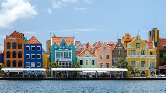Willemstad Curacao March 2021, colorful buildings around Willemstad Punda and Otrobanda, multicolored homes Curacao Caribean Island during summer