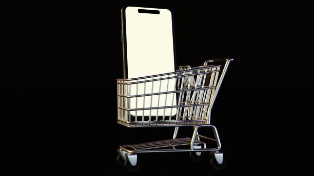 3d rendering of smartphone and shopping cart on the black background