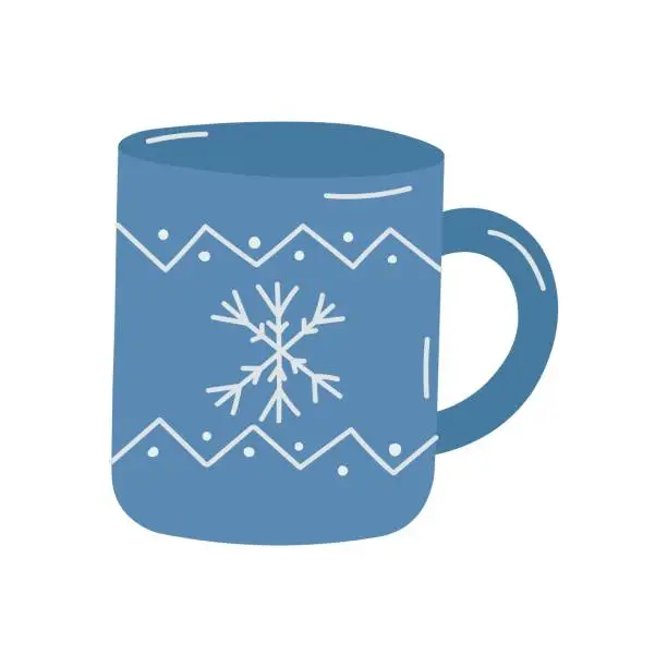 Vector illustration of Blue mug with white snowflake pattern. Mug on white background.