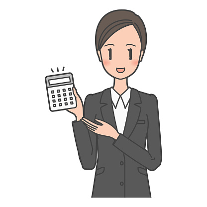 Illustrations of women who work in a business woman / office that explains fees, expenses, taxes, etc. with a calculator