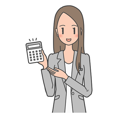 Illustrations of women who work in a business woman / office that explains fees, expenses, taxes, etc. with a calculator