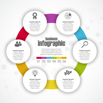 colored template of business info graphic with different options showing team work process