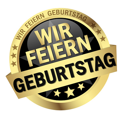 round colored button with banner and text Wir feiern Geburtstag