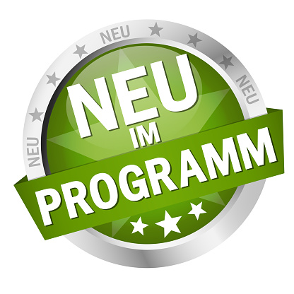 EPS 10 vector with round colored button with banner and text New in programm (in german)