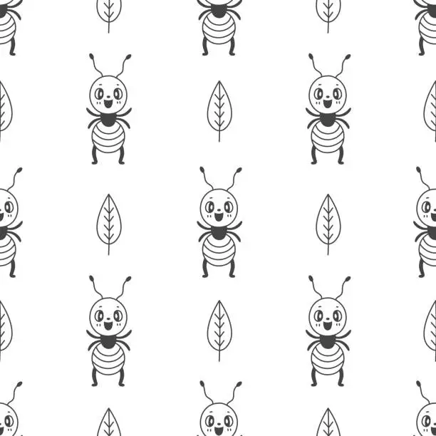 Vector illustration of Cute ant and leaf childish seamless pattern in doodle style