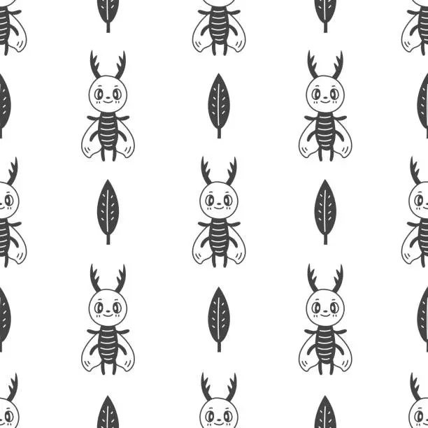 Vector illustration of Stag Beetle and Leaf seamless pattern in doodle style