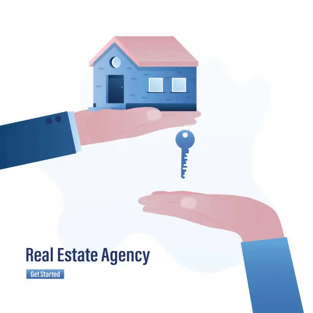 Vector illustration of Real estate agency, concept banner. Property selection service. Businessman hand gives house building and key for buyer or tenant. Renting or buying a house.