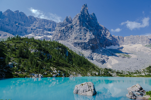 blue lake in the dolomites, Lago di sorapis is in Italy at daylight in the dolomites, Lago di Sorapis in Italy