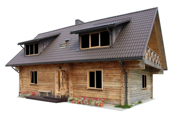 Wooden village shed for pine logs. Isolated on white
