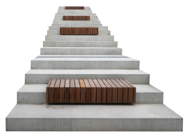 New concrete staircase with wooden benches. Isolated on white