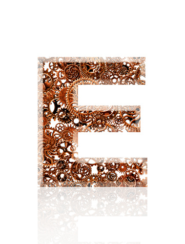 Close-up of three-dimensional metal gears alphabet letter E on white background.