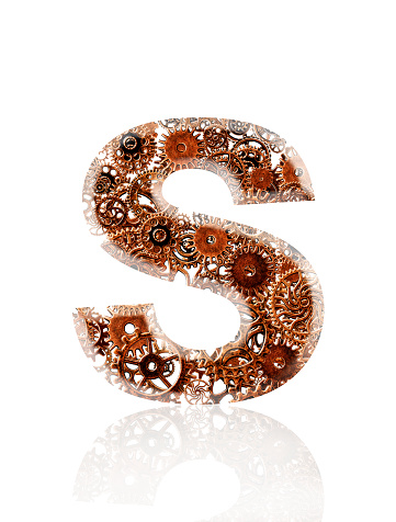 Close-up of three-dimensional metal gears alphabet letter S on white background.