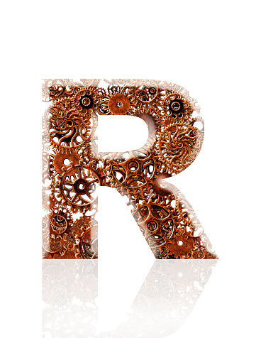 Close-up of three-dimensional metal gears alphabet letter R on white background.