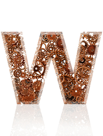 Close-up of three-dimensional metal gears alphabet letter W on white background.