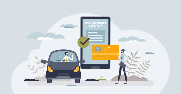 Vector illustration of Pay traffic ticket online with bank transaction or card tiny person concept