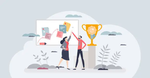 Vector illustration of Achievement celebration for successful business goal tiny person concept