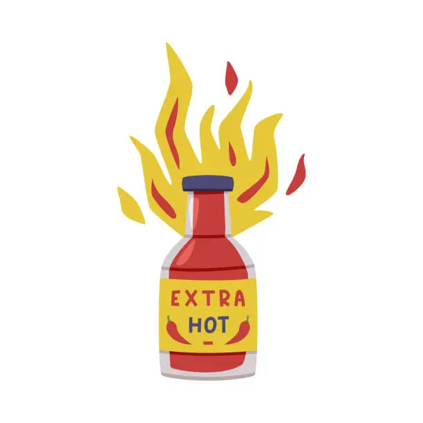 Vector illustration of Hot and Spicy Chili Sauce in Glass Bottle with Label and Cap in Fire Flame Vector Illustration