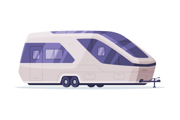 바퀴 달린 현대 이동 주택. 캠핑 여행 트레일러 벡터 일러스트 레이 션의 측면 보기 - motor home isolated land vehicle luxury stock illustrations