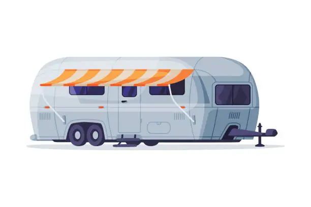 Vector illustration of Mobile home on wheels with awning. Camping travel trailer vector illustration