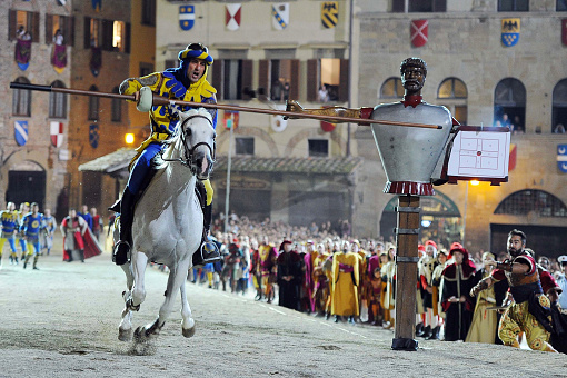 Arezzo (Italy), September 2, 2016. Every year in Arezzo's Piazza Grande is the Saracen Joust, a historical reenactment with knights and flag-wavers, musicians and people in costumed.