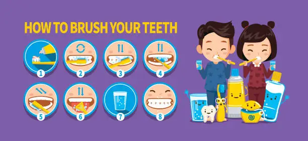 Vector illustration of How to brush your teeth step by step