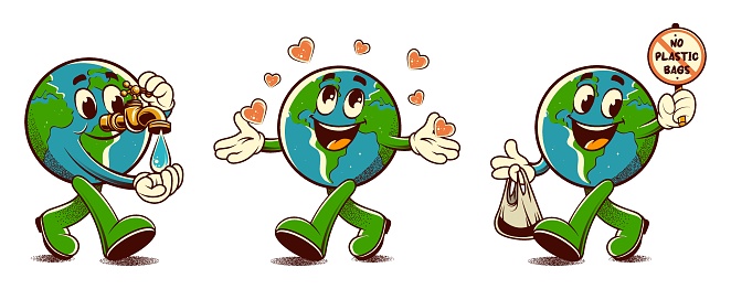 Stickers in trendy retro style. Сaring for the environment. Earth day concept. Walking happy cute Save Earth planet character mascot. Vector illustration