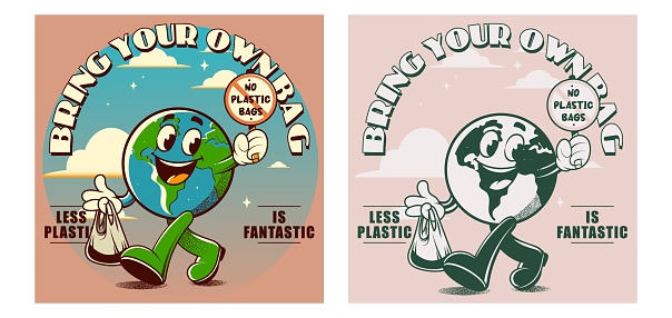 Vintage motivation poster or card design template with walking happy groovy Earth planet character mascot with less plastic caption for t shirt print. Vector illustration