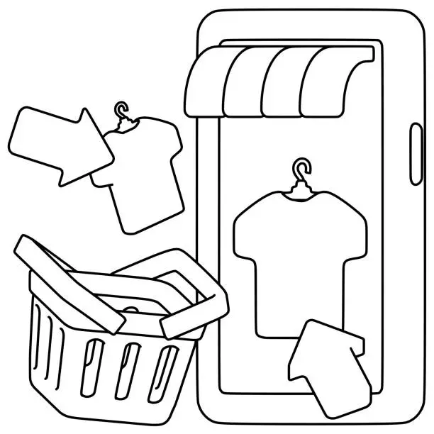 Vector illustration of Online shopping line art. Vector illustration with e-commerce theme and line art style.