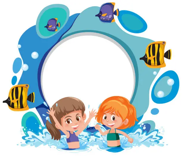 Vector illustration of Two children playing in water surrounded by fish