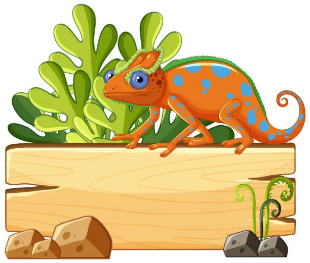 Vector illustration of Vibrant chameleon illustration with tropical foliage.