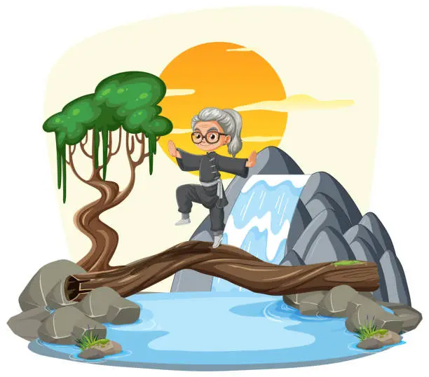 Vector illustration of Cartoon of a senior person hiking over a stream