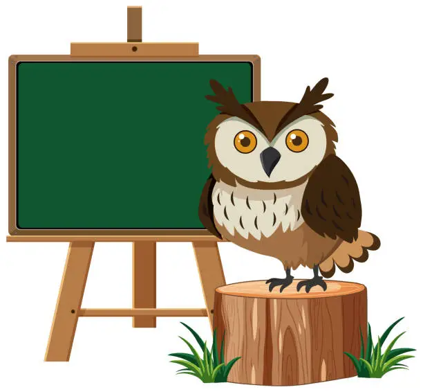 Vector illustration of Cartoon owl perched beside a blank chalkboard