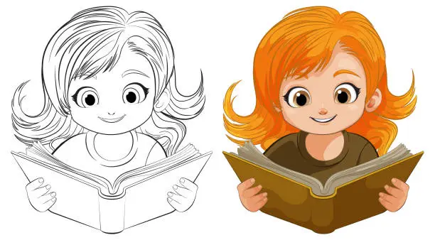 Vector illustration of Colorful and black-and-white illustrations of a reading girl