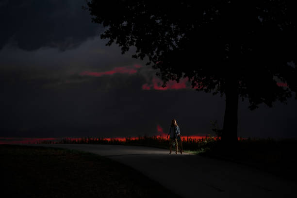 girl with a longboard next to a single huge tree with rays of light coming from it against a cloudy sky after sunset