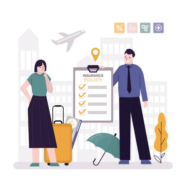 Vector illustration of Traveler insurance concept. Agent or salesman promoting full cover travel insurance. Safety travel, woman tourist with passport, tickets and suitcase.