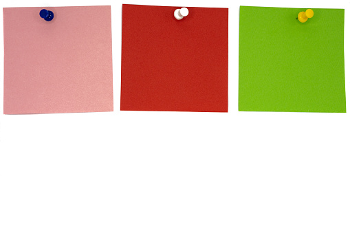 collection of various note papers on white background.