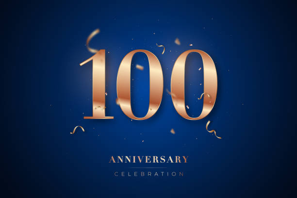 istock 100st Anniversary celebration greeting card. Rose Gold metallic Number 100 with sparkling confetti on dark blue background. Design template for birthday or wedding party event decoration. 2080218178