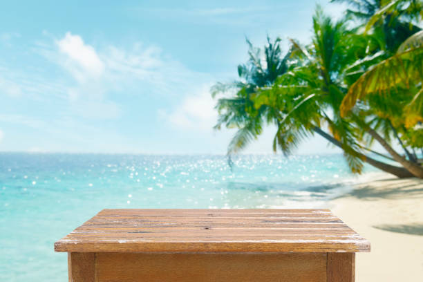istock Empty wooden planks table for product placement on blur tropical palm beach background 2080238921