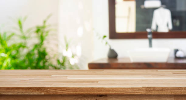 istock Wooden counter table top on blurred tropical resort bath room background 2080239452