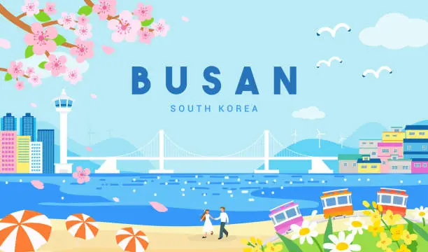 Vector illustration of Busan, South Korea poster vector illustration. Beautiful Busan landscape in spring season
