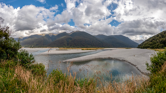 West Coast inland panoramic landscape with lush green native forest and blue waters, Hidden Gem of New Zealand