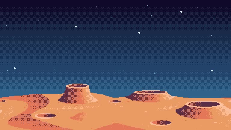 Looping animation of pixel art planet surface background with falling stars.